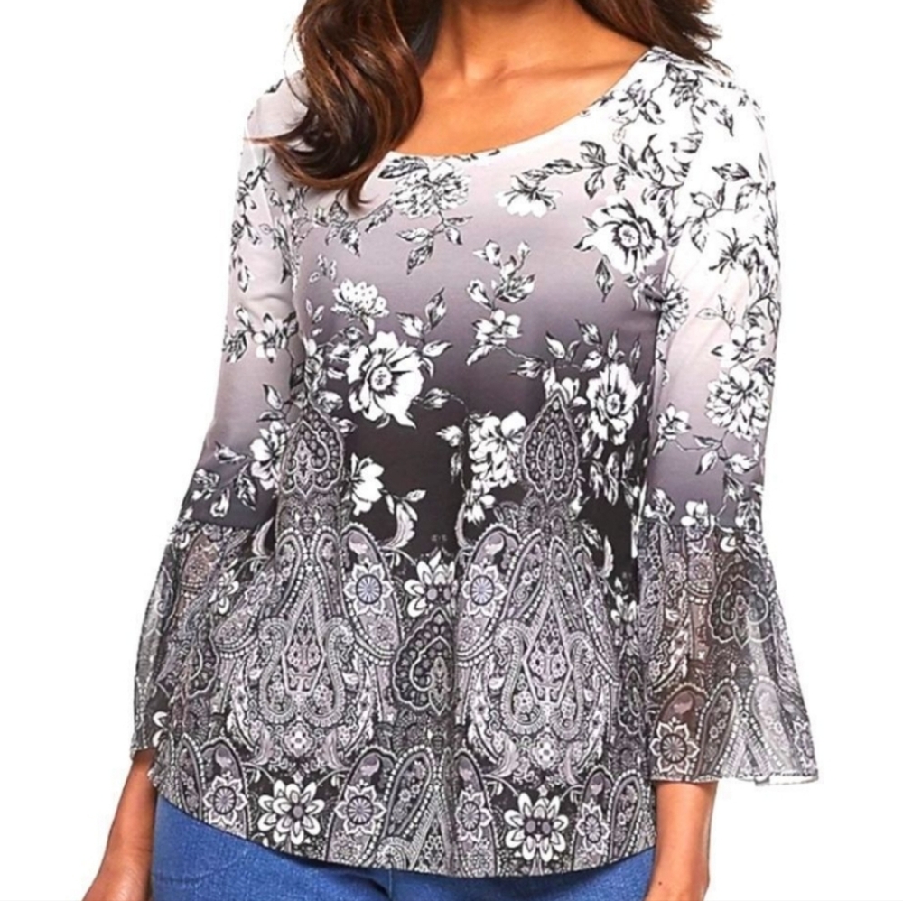 Grey, White And Black Floral Top